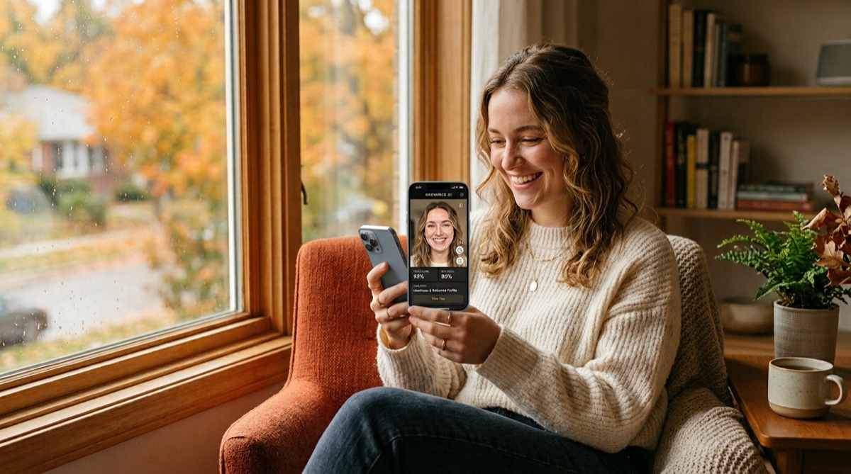 Woman using an AI beauty tool to analyze her features and get recommendations