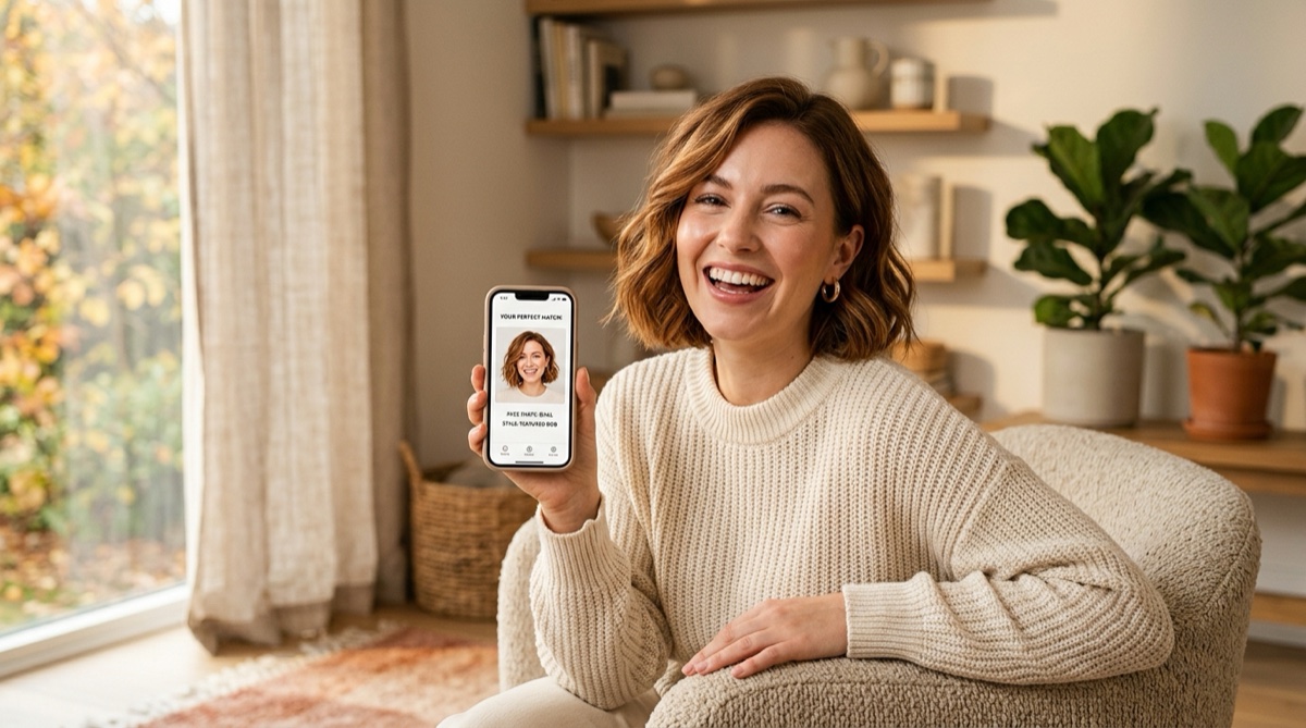 Woman using an AI face shape app to choose a flattering hairstyle