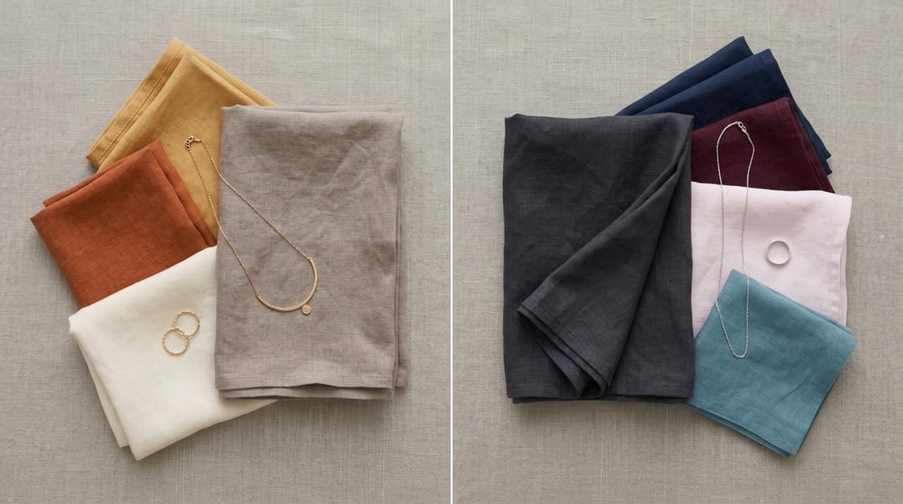 Warm greige pairs with camel, rust and cream; cool charcoal and blue-gray pair with navy, burgundy and icy pink
