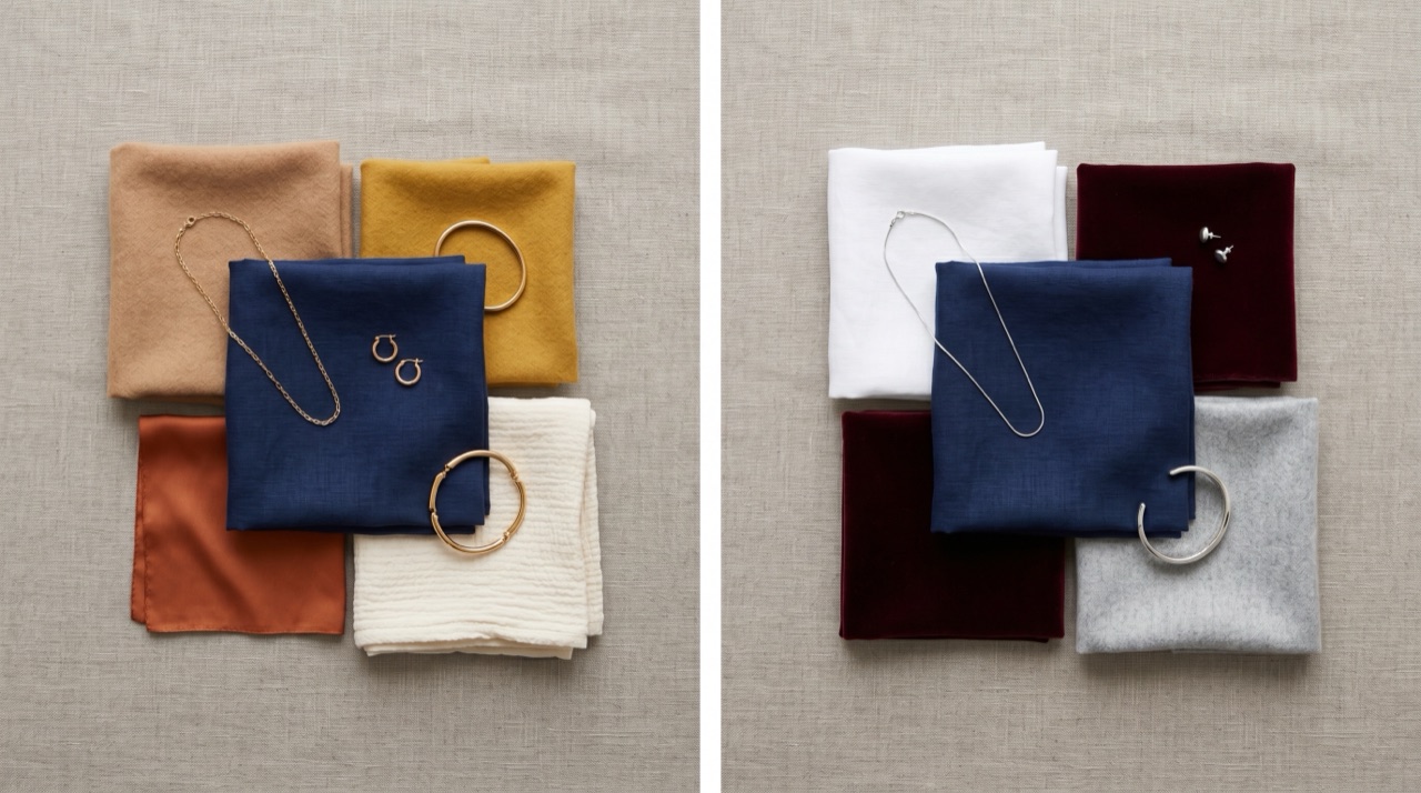 Warm undertones pair navy with camel, mustard, and rust; cool undertones pair it with white, burgundy, and silver