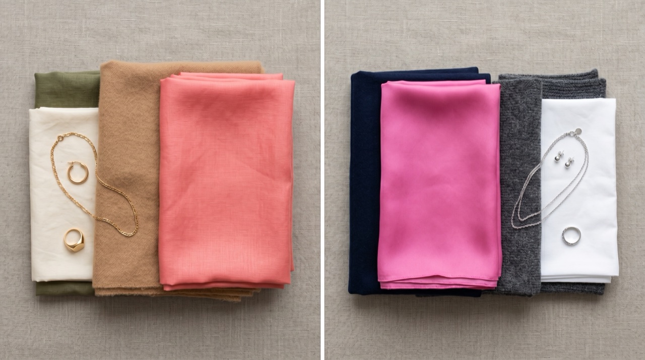 Warm pinks pair with camel, olive, and gold; cool pinks pair with navy, grey, and silver