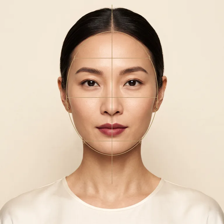 Frontal portrait with gold measurement lines marking forehead, cheekbone and jaw width