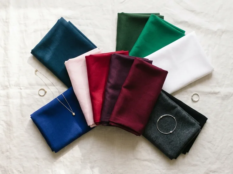 Deep Winter color palette in folded fabric: burgundy, deep plum, emerald, sapphire, ruby, black and crisp white