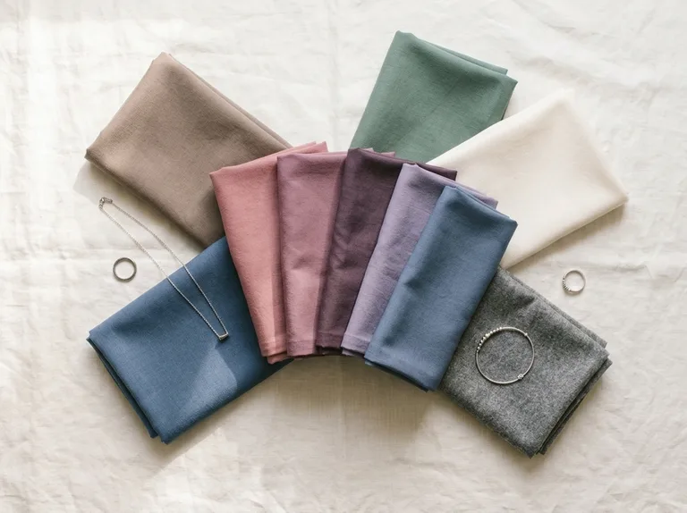 Soft Summer color palette in folded fabric: dusty rose, mauve, smoky plum, slate blue, soft teal, eucalyptus and pewter gray
